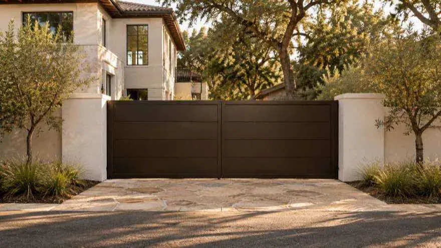 Wood-grain aluminum driveway gate between stone columns