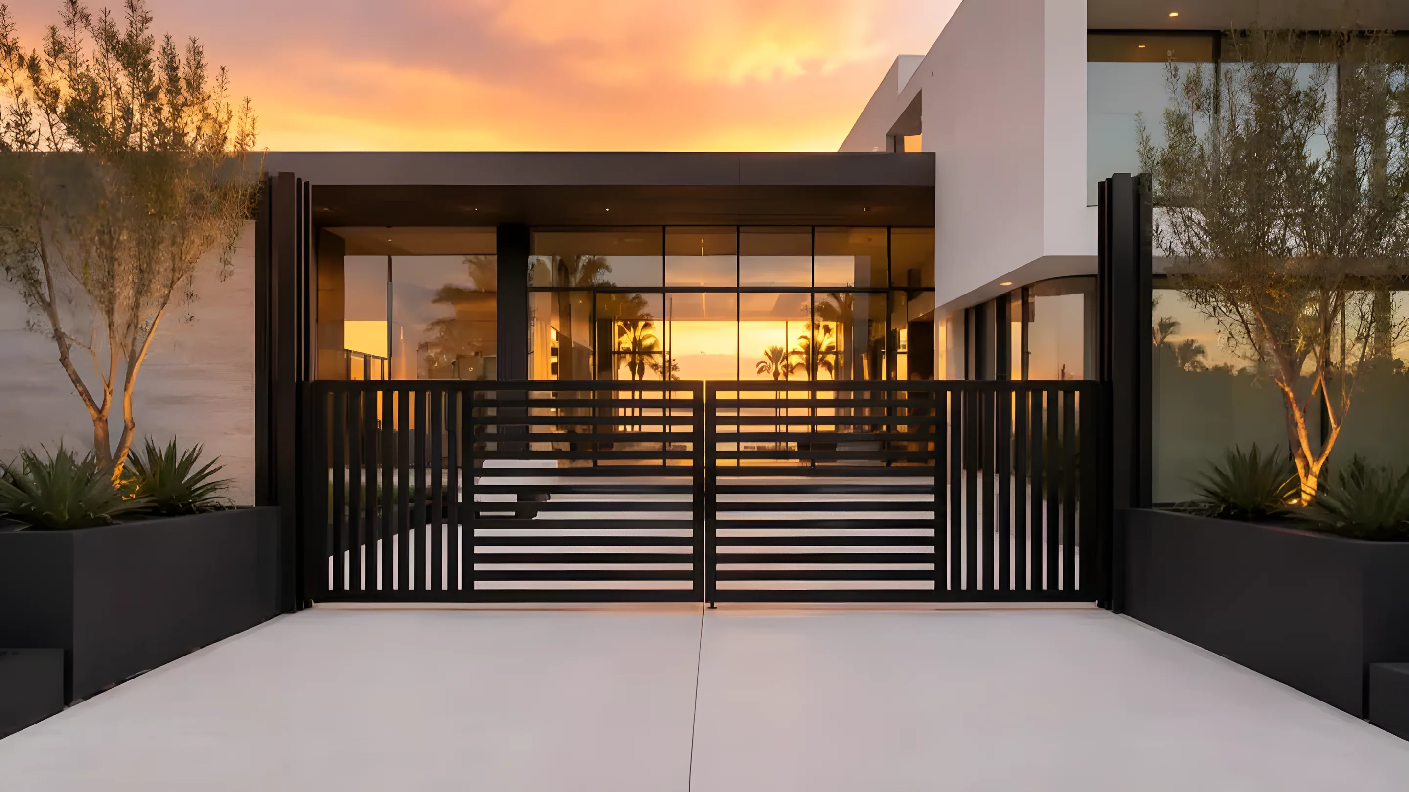 Louvered aluminum slide gate at a modern home