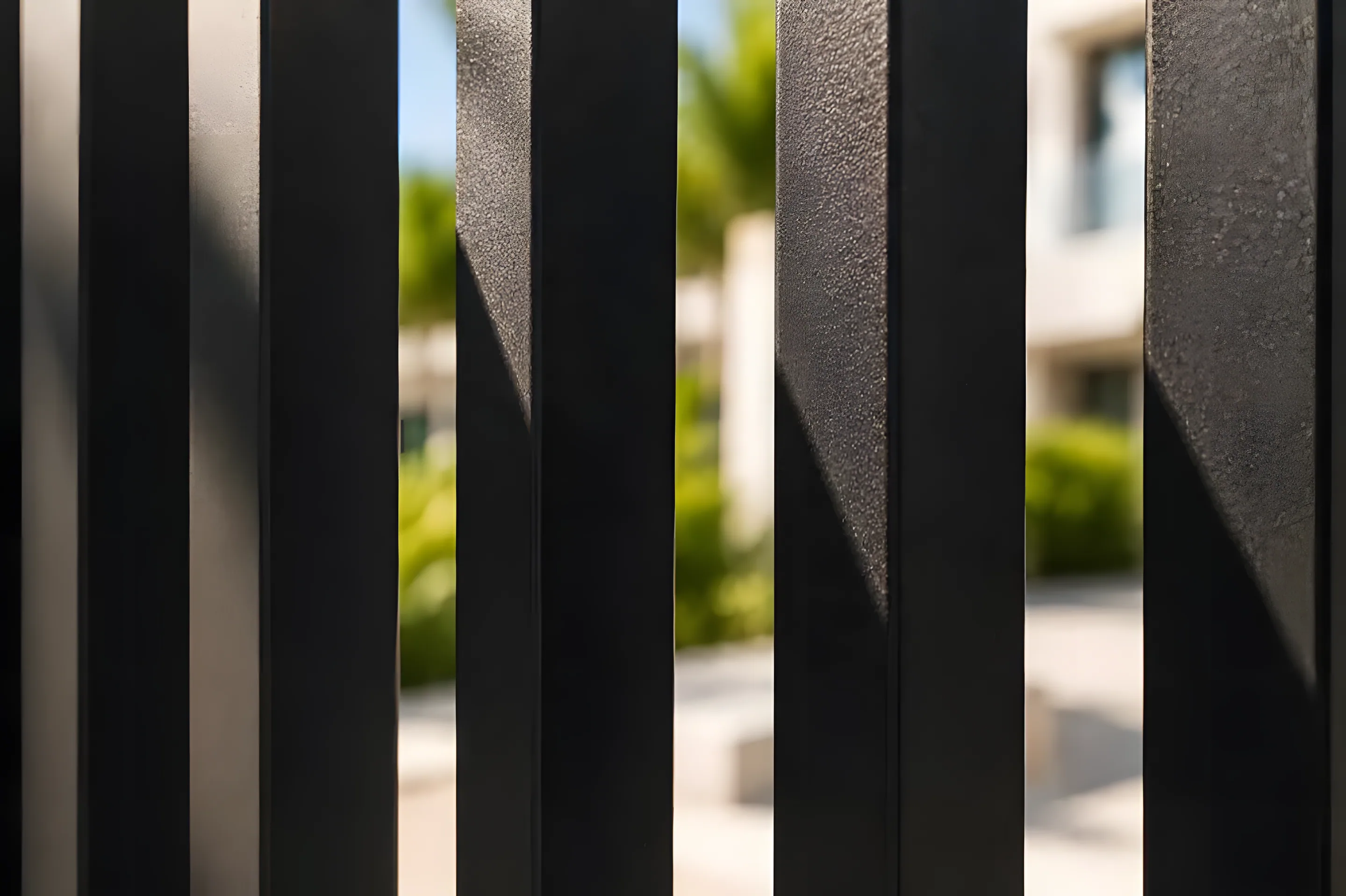 Close-up of dark metal gate pickets