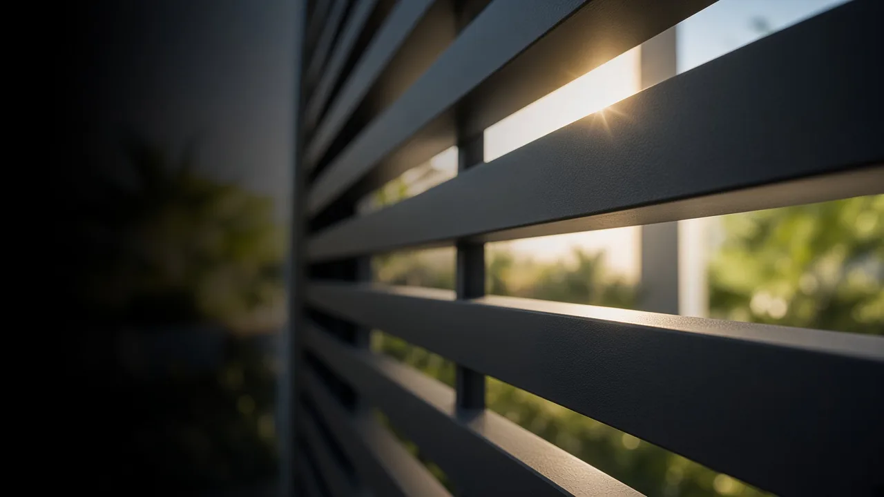 Close-up of a dark aluminum gate with horizontal slats and sunlight through the gaps